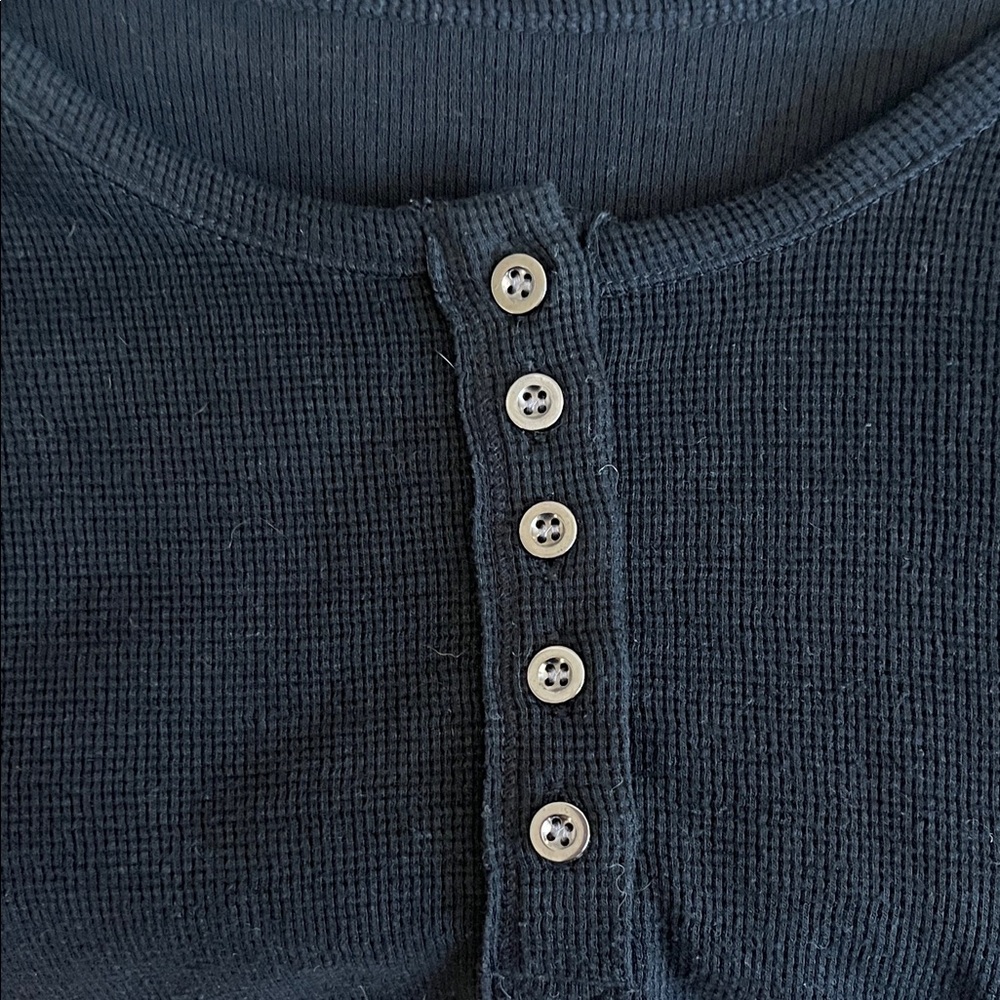 Black Henley Waffle Knit Top
